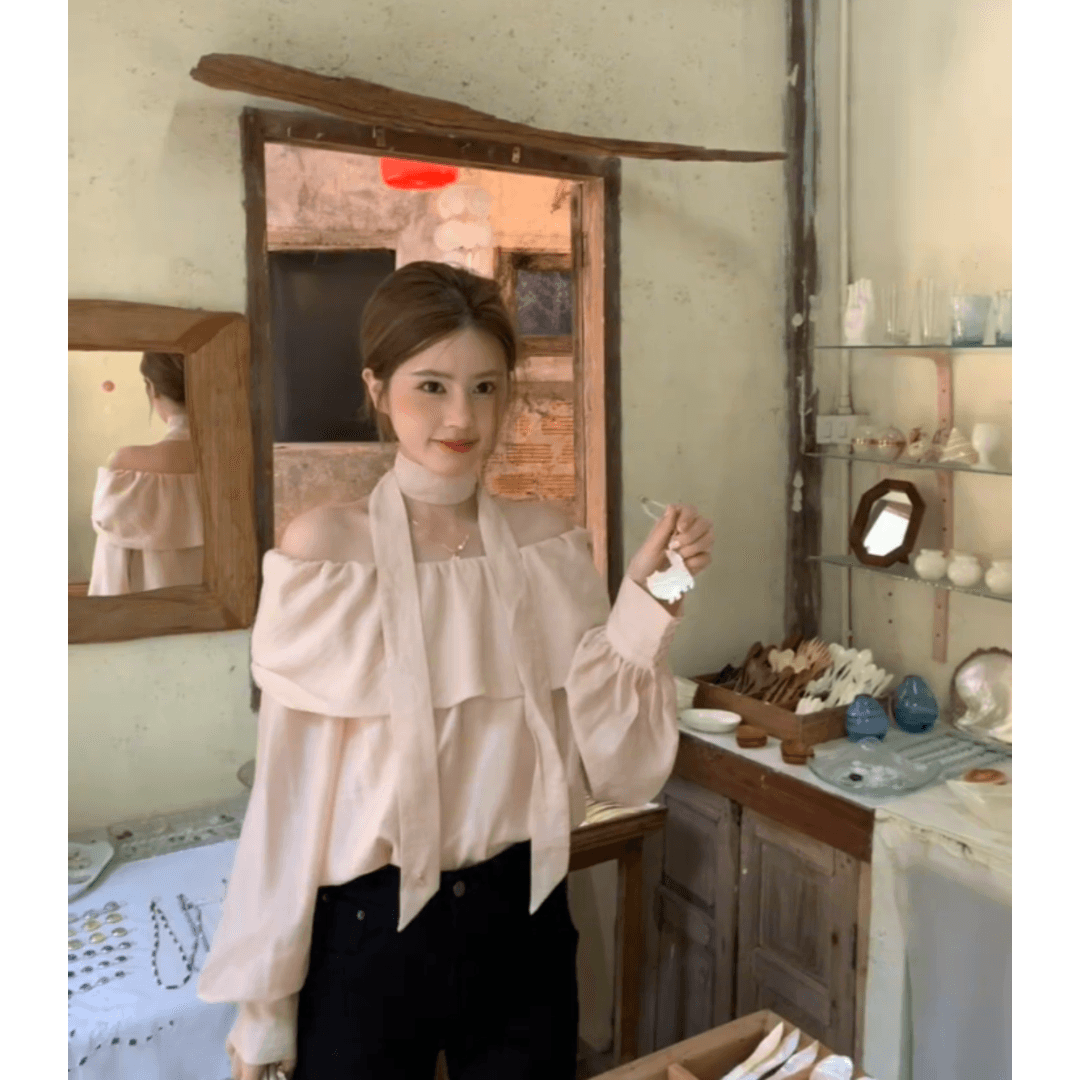 정가 재고 있음 한 부서 분위기 센스 섹시함 오프숄더 리본 셔츠 루즈핏 느긋한 캐주얼 바지 세트 착용 가져 가라. 상세 이미지 2