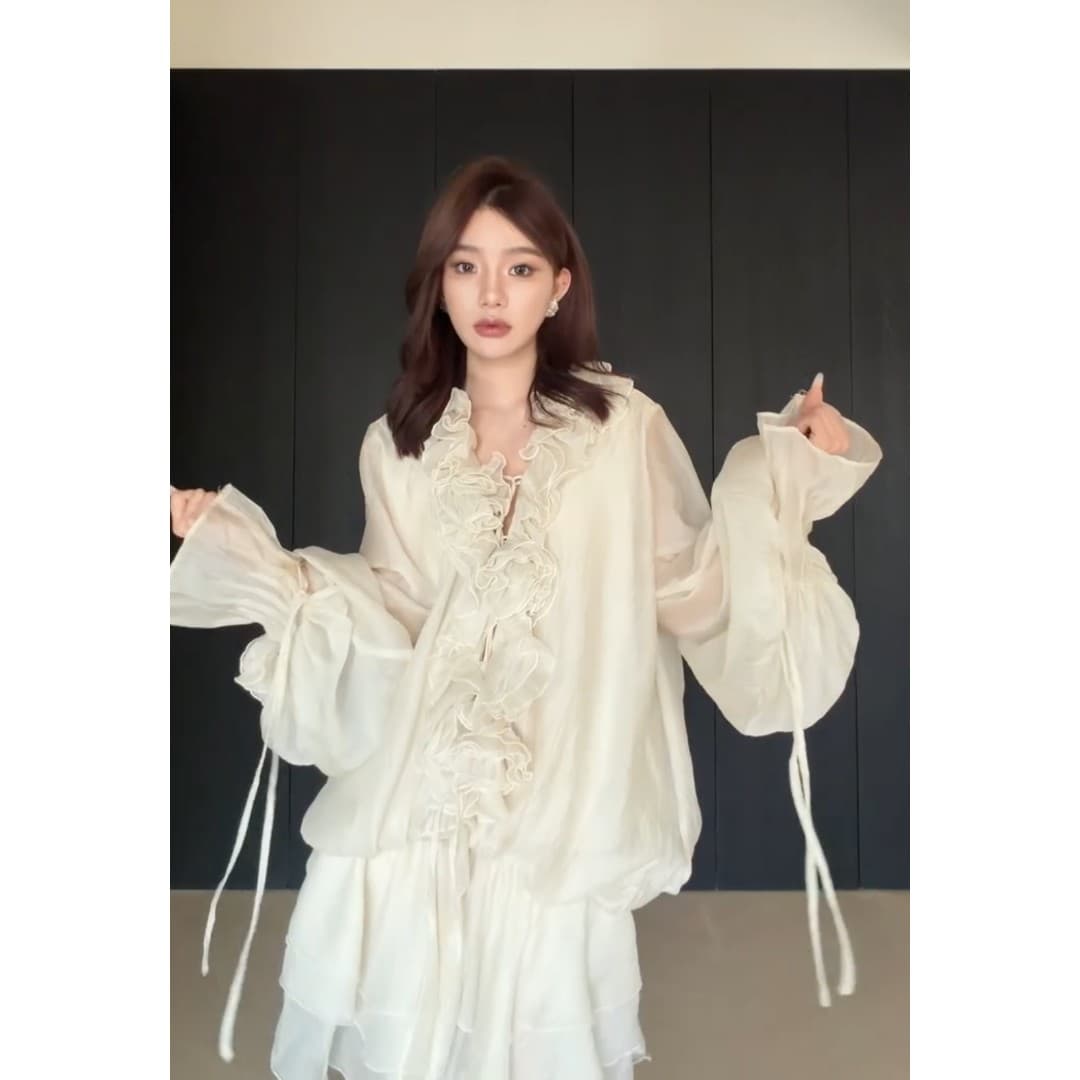 정가 재고 있음 프랑스식 베이지 색 쌀 꽃 벌룬 소매 여성 드레스 패션 프릴 화이트 짧은 치마 상세 이미지 6