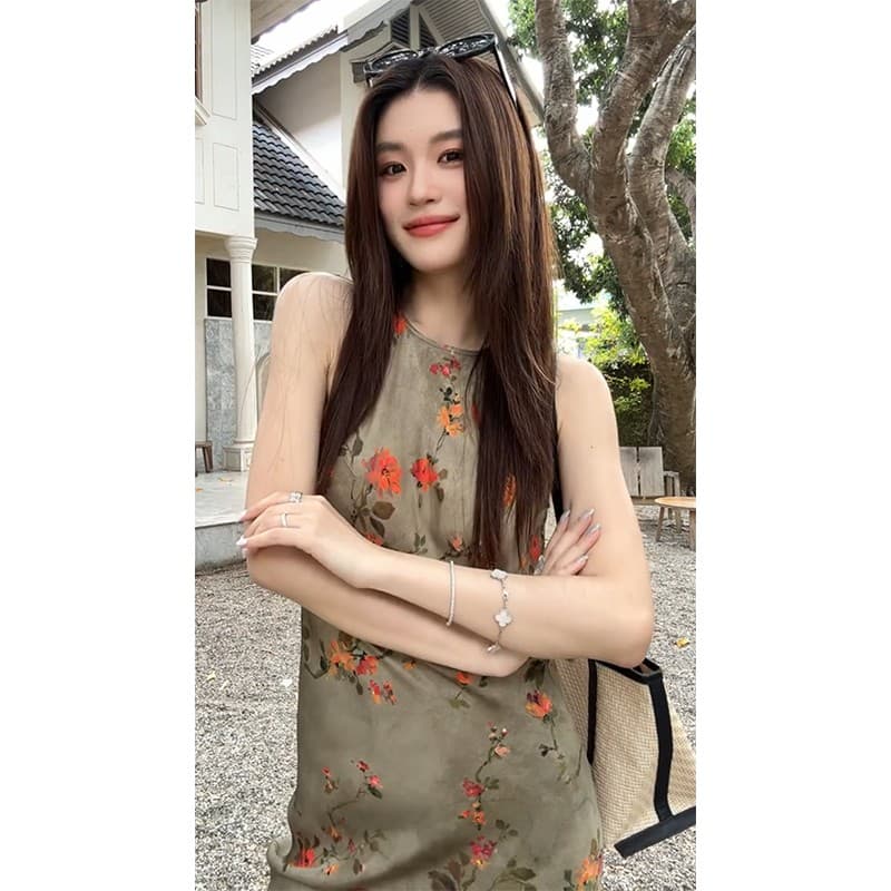 정가 재고 있음 새로운 중식 국풍 프린트 민소매 여성 드레스 봄 빛 럭셔리 고급 허리 수축 슬림해 보이는 롱 스커트 상세 이미지 4
