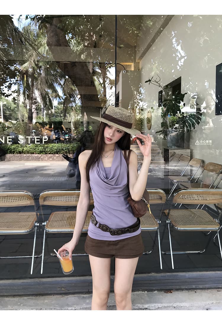 정가 재고 있음 핫걸 디자인 센스 흔들다 칼라 행침 목 캐미솔 보라색 슬림해 보이는 세련된 민소매 맨위 여성 상세 이미지 4