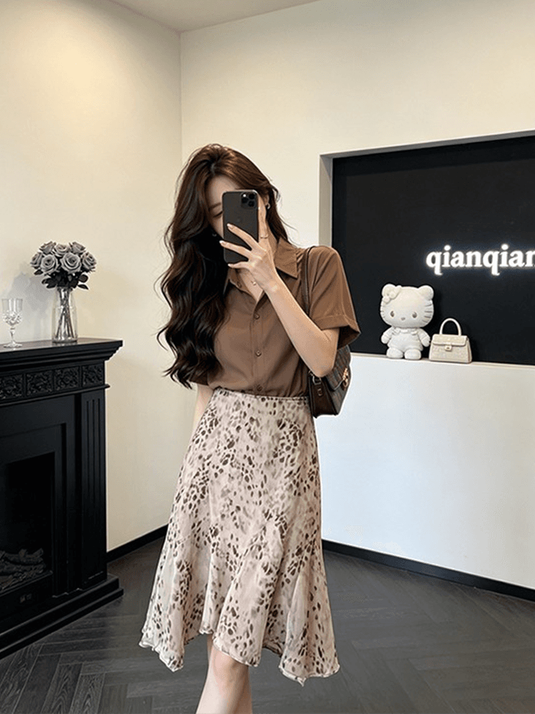 정가 재고 있음 불규칙 레오파드 무늬 한 마디 반신 스커트 여성 봄 여름 새로운 디자인 센스 하이웨이스트 슬림해 보이는 길다 치마 상세 이미지 2