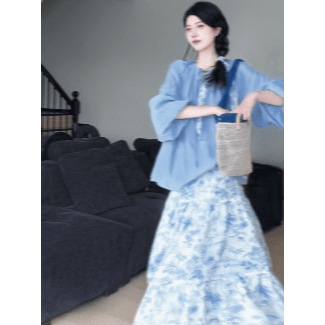 정가 재고 있음 프랑스식 달콤한 스타일 파란색 반팔 셔츠 맨위 여성 하이웨이스트 한 마디 꽃무늬 반신 치마 세트 상세 이미지 2