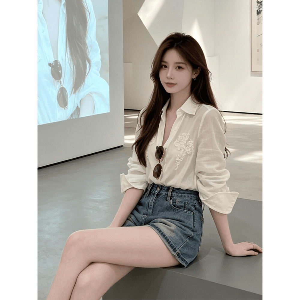 정가 재고 있음 프랑스식 디자인 센스 꽃 자수 셔츠 맨위 여성 하이웨이스트 슬림해 보이는 한 마디 청바지 세트 이미지 4