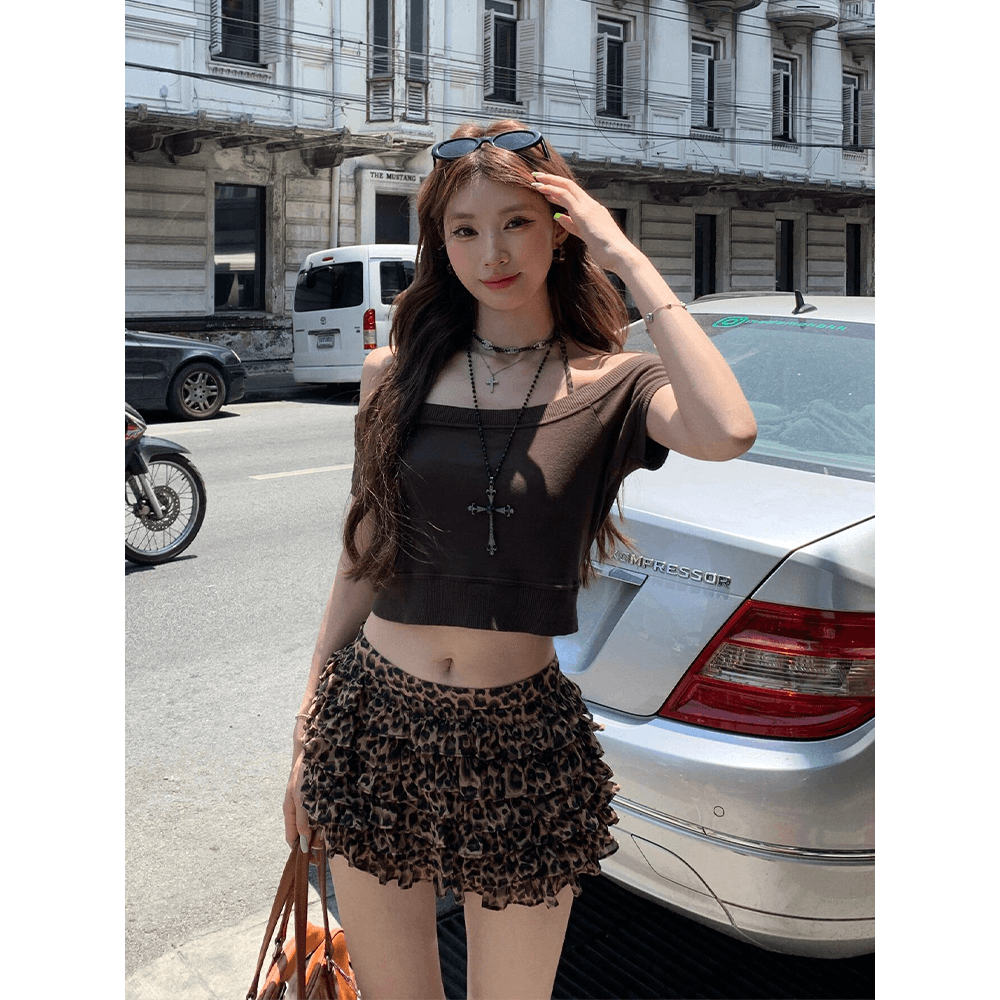 정가 재고 있음 아메리칸 핫걸 바람 오프숄더 반팔 티셔츠 맨위 여성 여름 새로운 레오파드 무늬 반신 치마 세트 상세 이미지 3