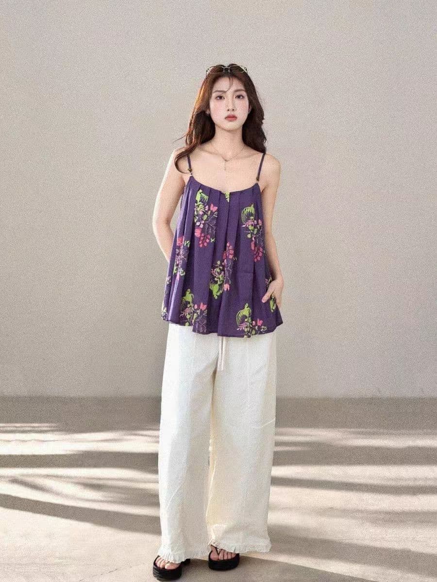 정가 재고 있음 부드러운 달콤한 스타일 보라색 프린트 한 마디 캐미솔 맨위 루즈핏 넓은 다리 캐주얼 바지 세트 이미지 3