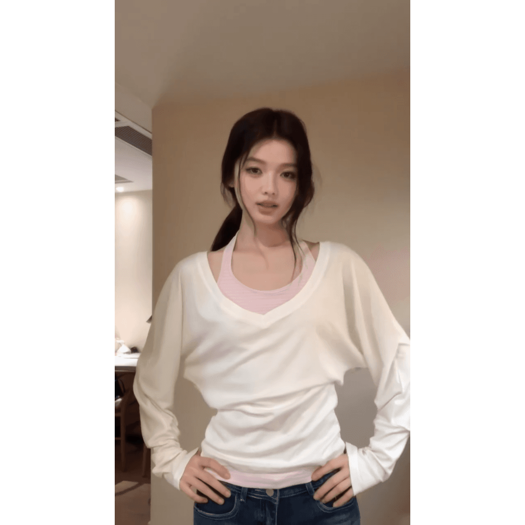 정가 재고 있음 한 부서 얇은 스타일 자외선 차단 블라우스 스트라이프 행침 목 조끼 맨위 하이웨이스트 슬림해 보이는 청바지 세트 이미지 2