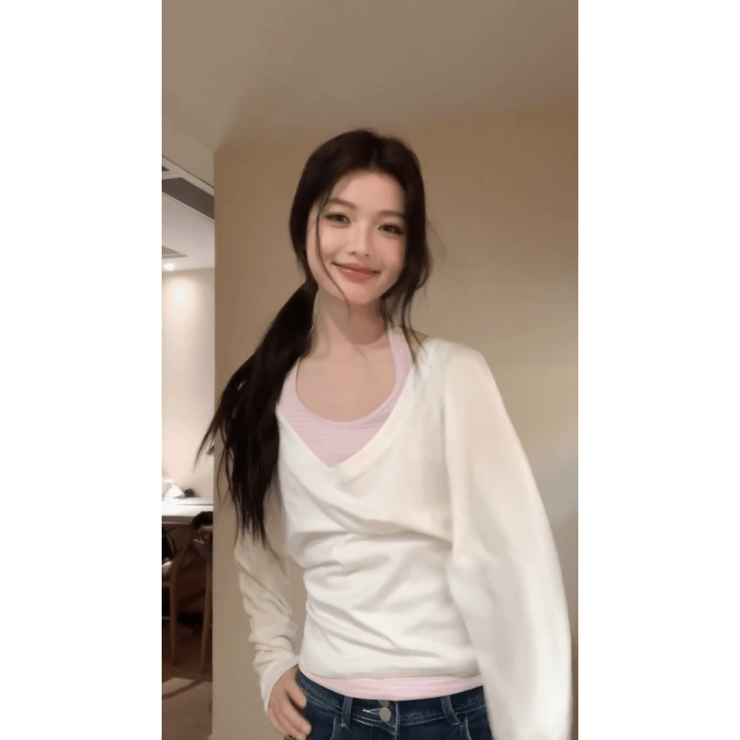 정가 재고 있음 한 부서 얇은 스타일 자외선 차단 블라우스 스트라이프 행침 목 조끼 맨위 하이웨이스트 슬림해 보이는 청바지 세트 상세 이미지 5