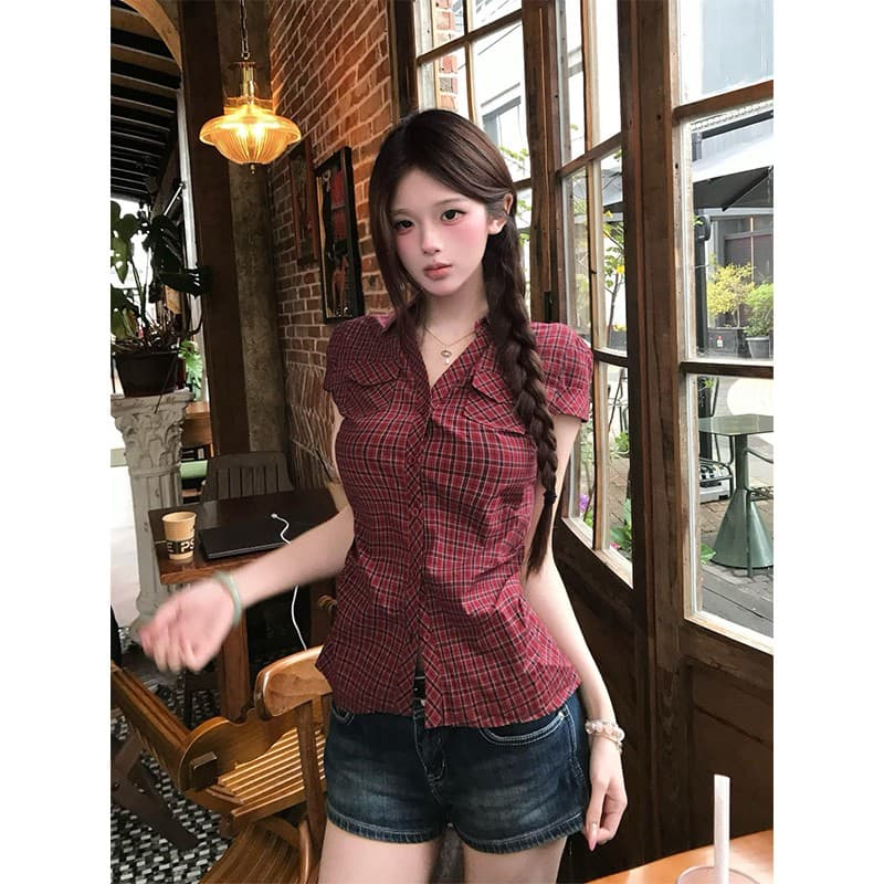 정가 재고 있음 여름 바람 슈퍼 잘 생긴 레트로 빨간색 체크무늬 반팔 여성 셔츠 데님 반바지 패션 세트 이미지 2