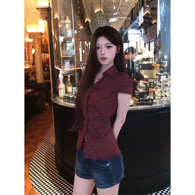 정가 재고 있음 여름 바람 슈퍼 잘 생긴 레트로 빨간색 체크무늬 반팔 여성 셔츠 데님 반바지 패션 세트 이미지 5
