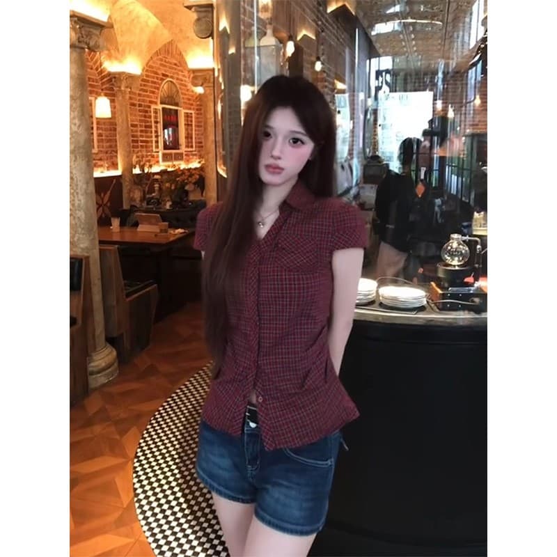 정가 재고 있음 여름 바람 슈퍼 잘 생긴 레트로 빨간색 체크무늬 반팔 여성 셔츠 데님 반바지 패션 세트 상세 이미지 5