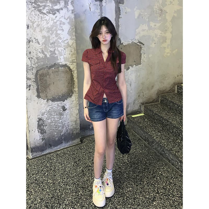 정가 재고 있음 여름 바람 슈퍼 잘 생긴 레트로 빨간색 체크무늬 반팔 여성 셔츠 데님 반바지 패션 세트 상세 이미지 3