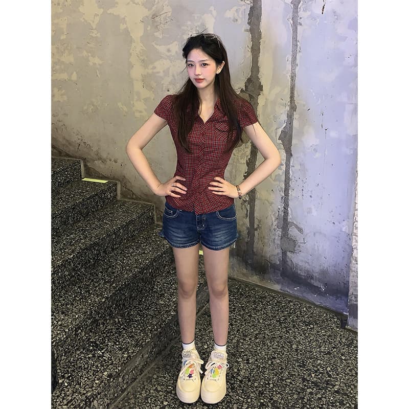 정가 재고 있음 여름 바람 슈퍼 잘 생긴 레트로 빨간색 체크무늬 반팔 여성 셔츠 데님 반바지 패션 세트 상세 이미지 5