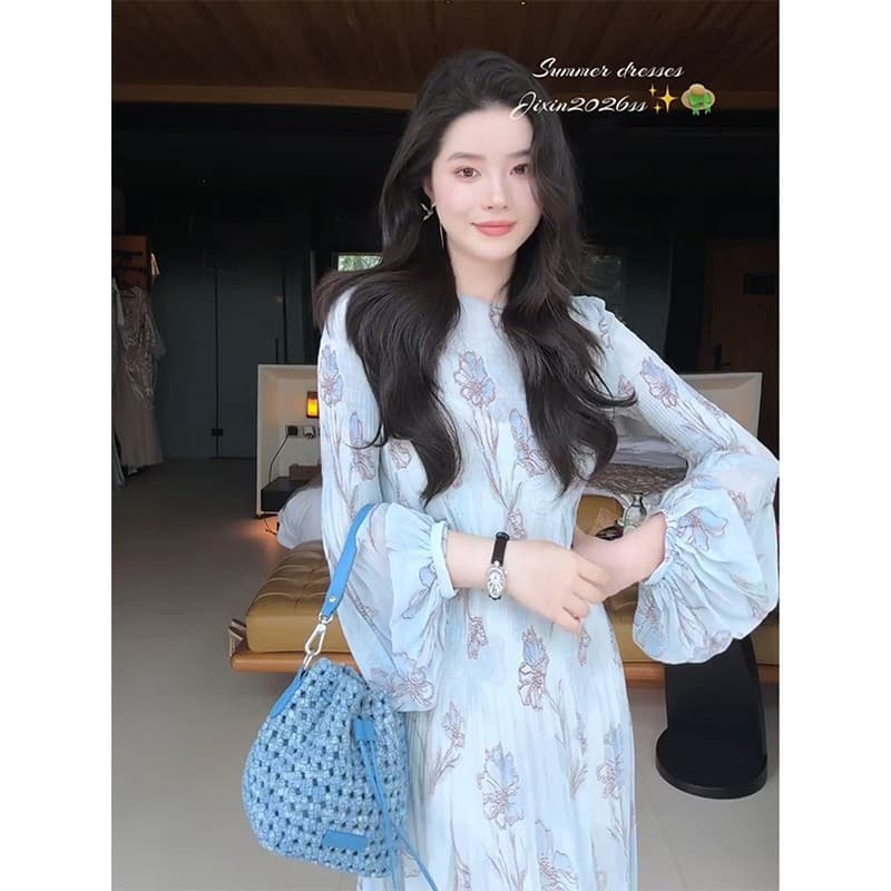 정가 재고 있음 프랑스식 부드러운 바람 하늘색 프린트 긴팔 드레스 허리 수축 큰 진자 품격 롱 스커트 세트 상세 이미지 4