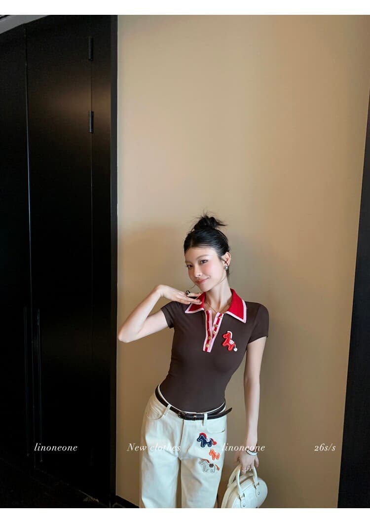 정가 재고 있음 레트로 자수 작은 말 몸매 가꾸기 POLO 칼라 티셔츠 여성 2026 여름 새로운 몸매 가꾸기 반팔 맨위 이미지 5