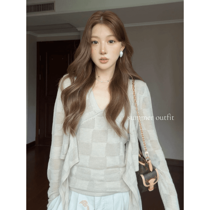 정가 프랑스식 느긋한 바람 체스 판 그리드 홀로우 아웃 자외선 차단 오픈 가디건 슬립 맨위 루즈핏 와이드 레그 팬츠 세트 상세 이미지 2