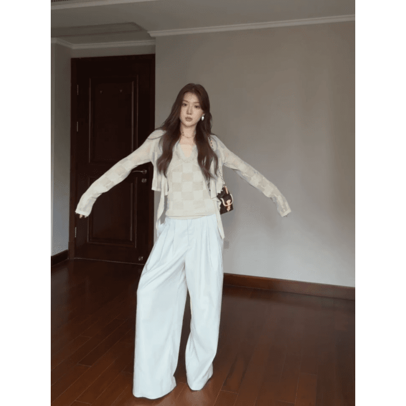 정가 프랑스식 느긋한 바람 체스 판 그리드 홀로우 아웃 자외선 차단 오픈 가디건 슬립 맨위 루즈핏 와이드 레그 팬츠 세트 상세 이미지 5
