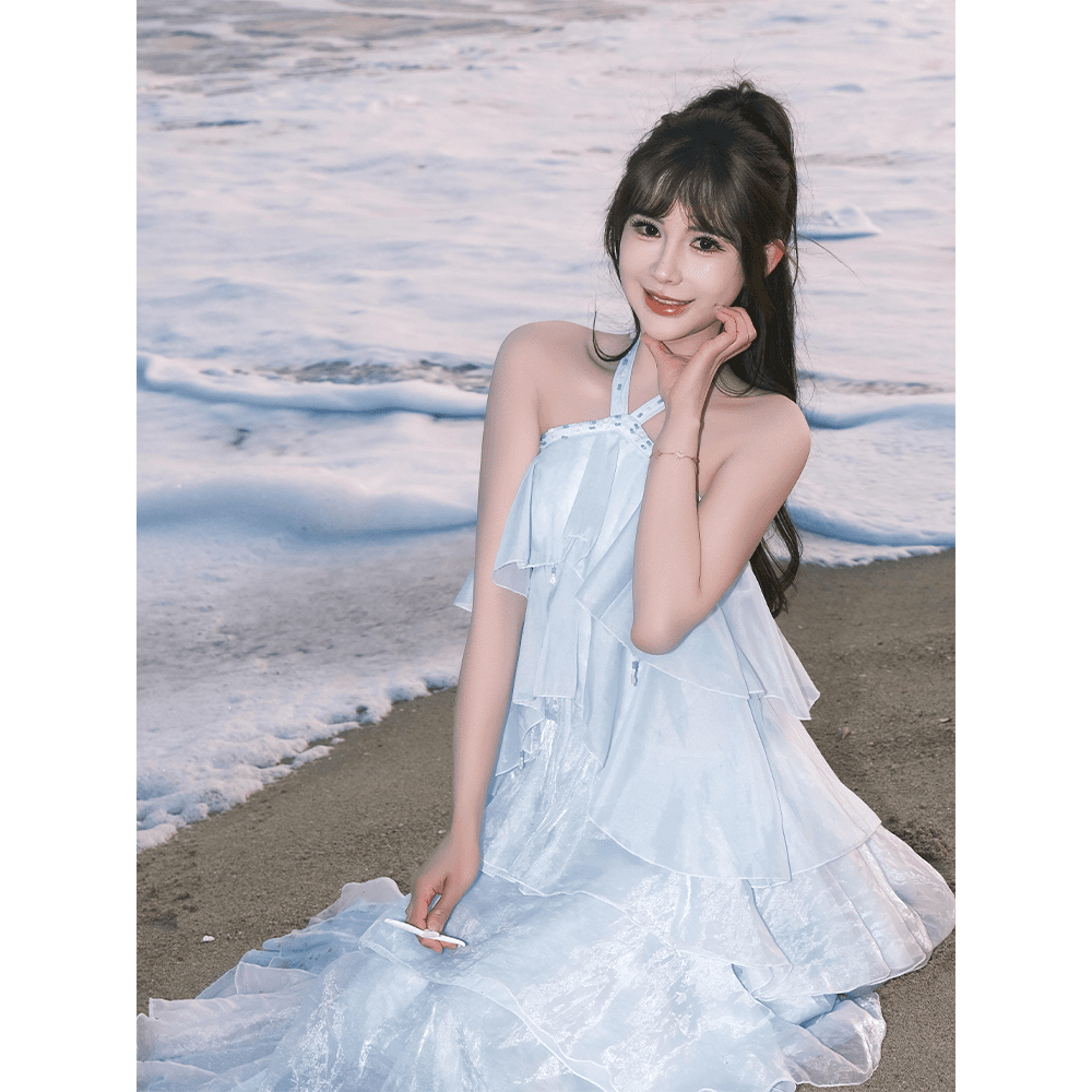 정가 재고 있음 프랑스식 부드러운 바람 행침 목 비즈 박기 다중 레이어 프릴 큰 진자 드레스 빛 럭셔리 몸매 가꾸기 롱 스커트 이미지 3