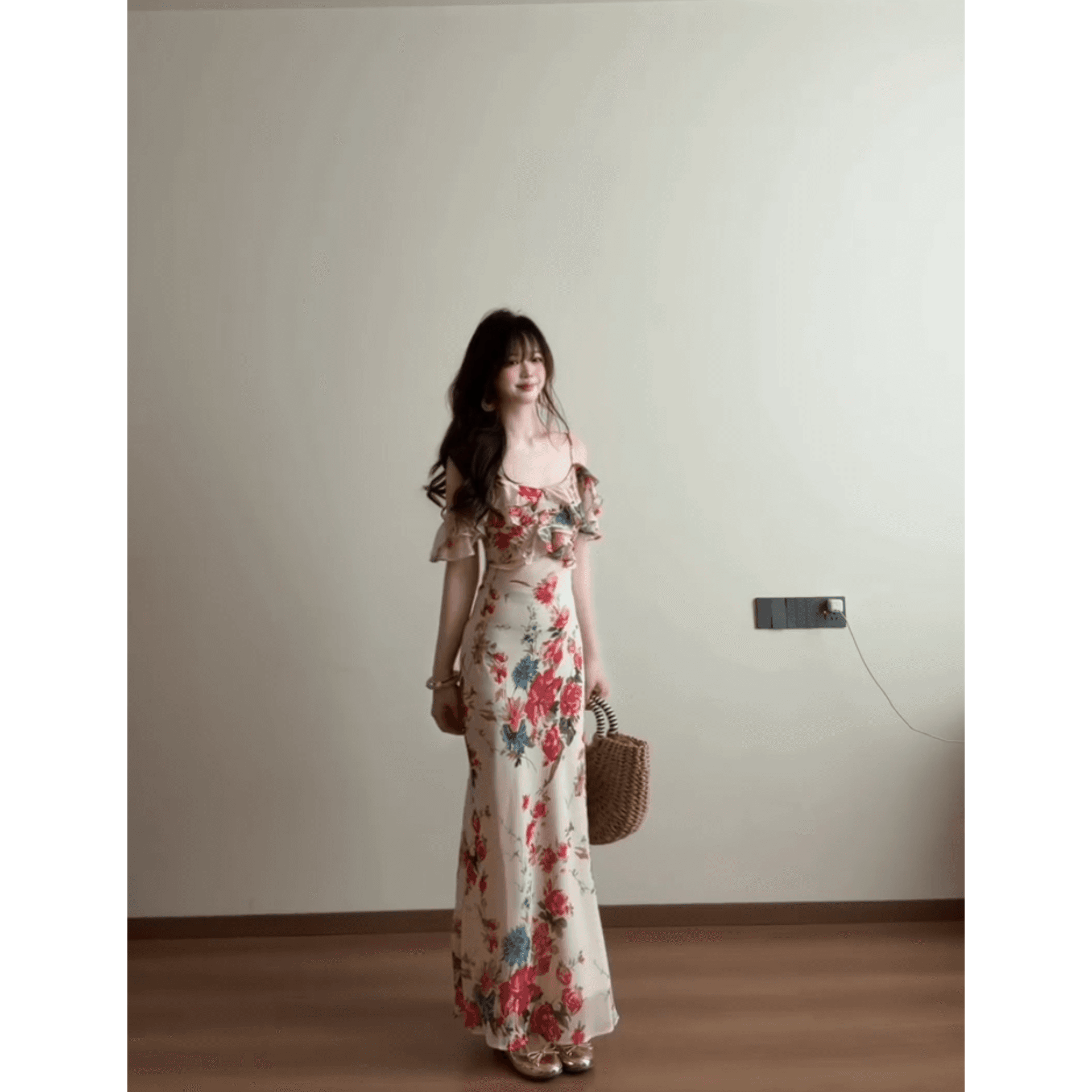 정가 재고 있음 프랑스식 우아함 바람 프릴 꽃무늬 여성 드레스 여름 몸매 가꾸기 슬림해 보이는 타이트 스커트 길다 치마 이미지 5