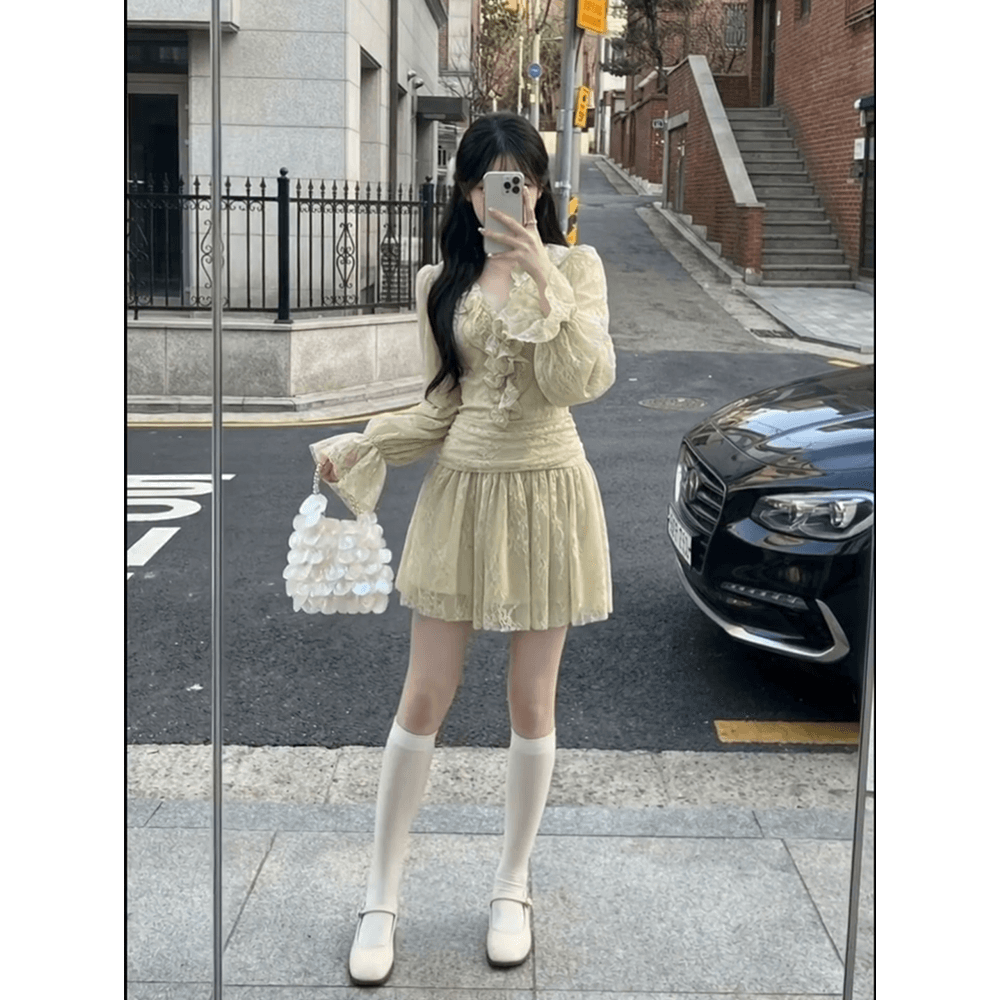 정가 재고 있음 프랑스식 부드러운 바람 센 부서 작은 청신 3 차원 프릴 V넥 긴팔 슬림해 보이는 여성 드레스 이미지 5