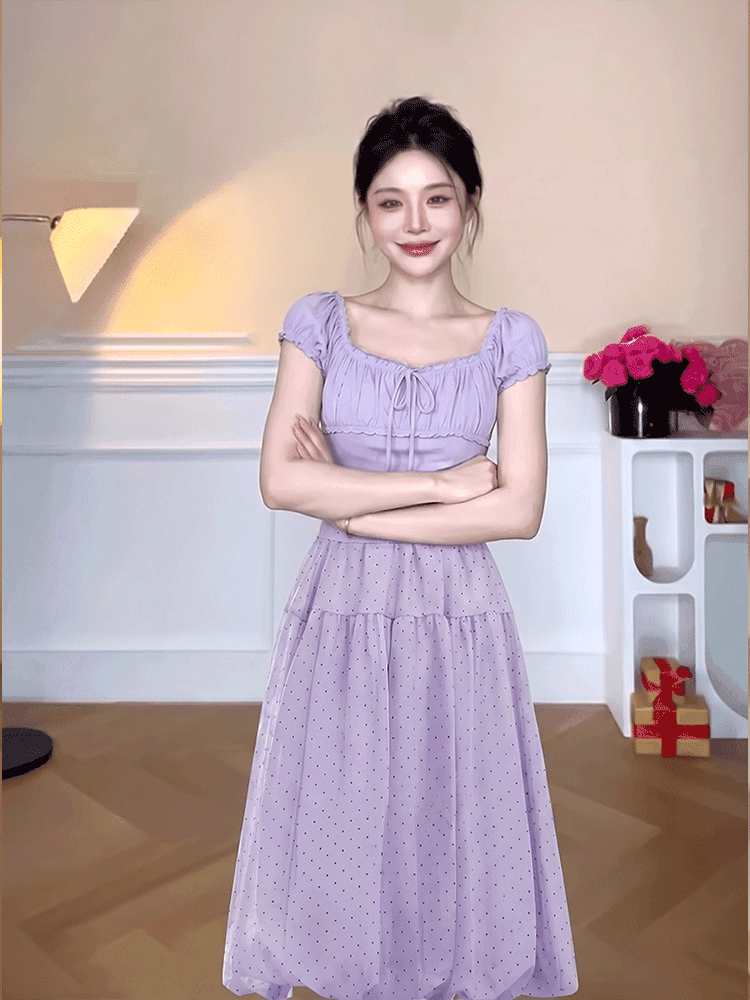 정가 재고 있음 부드러운 바람 라벤더 레이스 광장 칼라 맨위 여성 여름 새로운 허리밴드 반신 스커트 투피스 세트