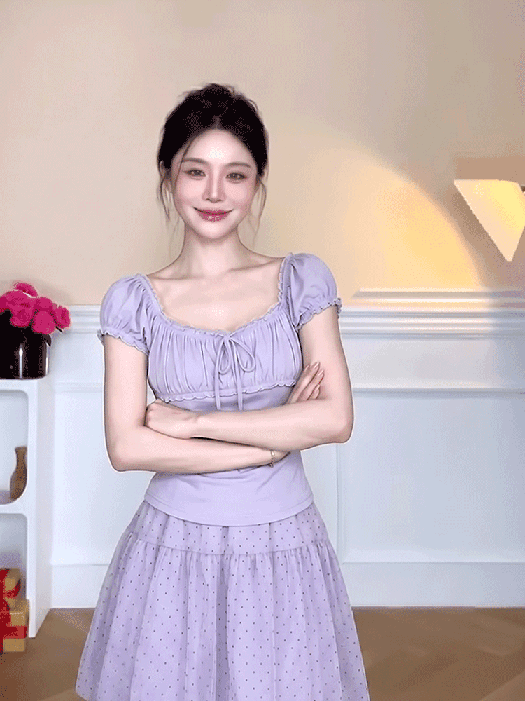정가 재고 있음 부드러운 바람 라벤더 레이스 광장 칼라 맨위 여성 여름 새로운 허리밴드 반신 스커트 투피스 세트 이미지 4