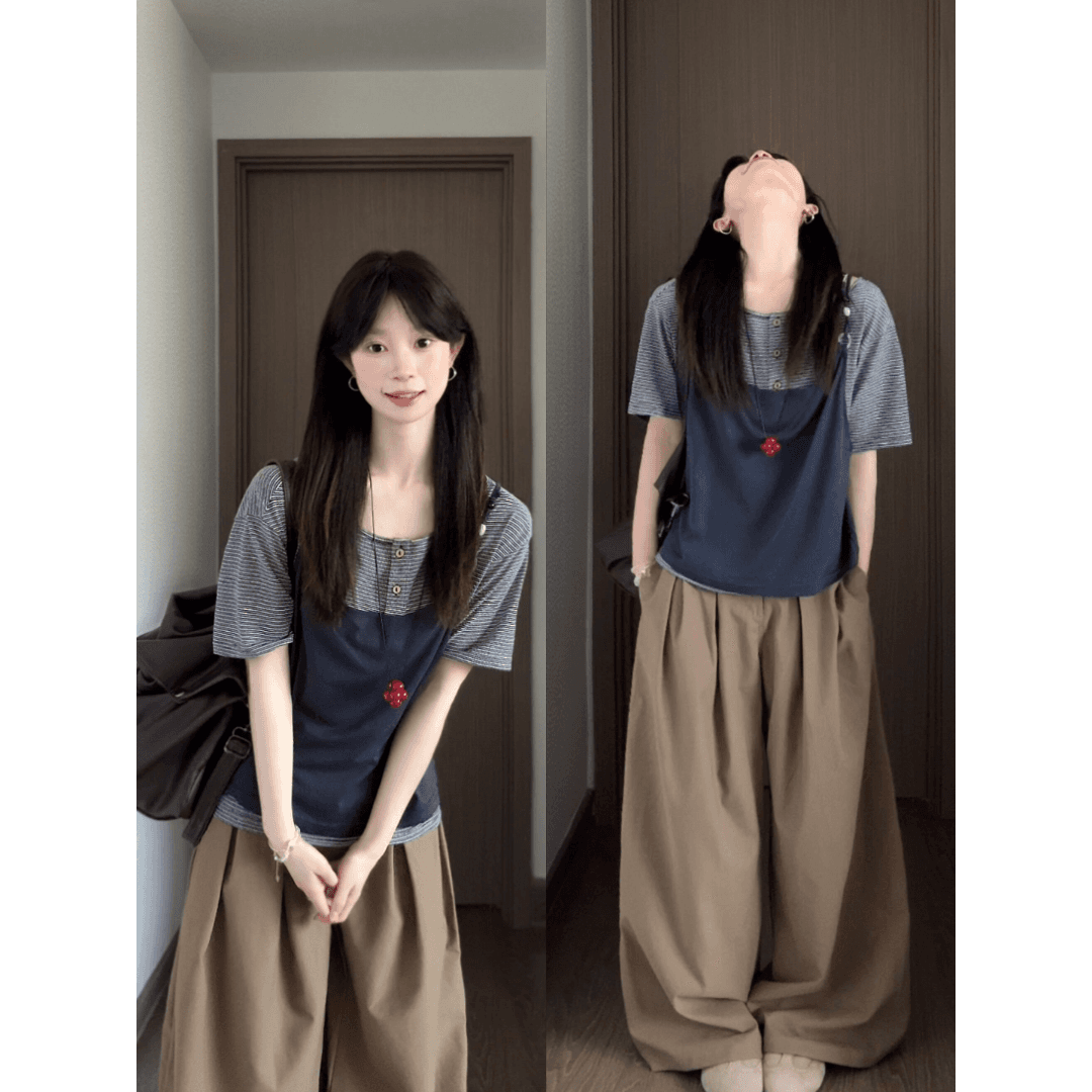 정가 재고 있음 한 부서 출퇴근 캐주얼 외부 가져 가라. 캐미솔 2026 여름 새로운 스트라이프 반팔 티셔츠 상세 이미지 2