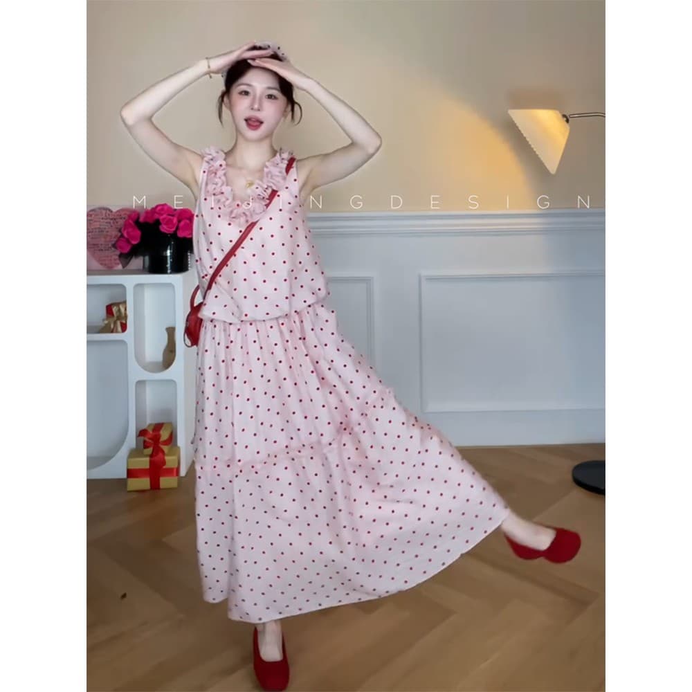 정가 재고 있음 달콤함 소녀 센스 도트 무늬 프릴 민소매 조끼 맨위 하이웨이스트 한 마디 반신 치마 세트 이미지 5