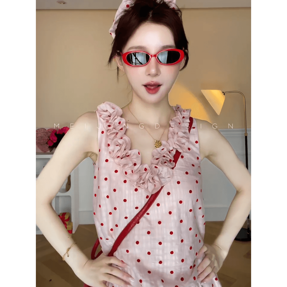 정가 재고 있음 달콤함 소녀 센스 도트 무늬 프릴 민소매 조끼 맨위 하이웨이스트 한 마디 반신 치마 세트 상세 이미지 2