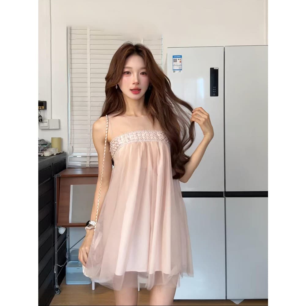 정가 재고 있음 달콤함 부드러운 바람 한 마디 망사 드레스 여름 새로운 분위기 센스 데이트 요정 치마 상세 이미지 2