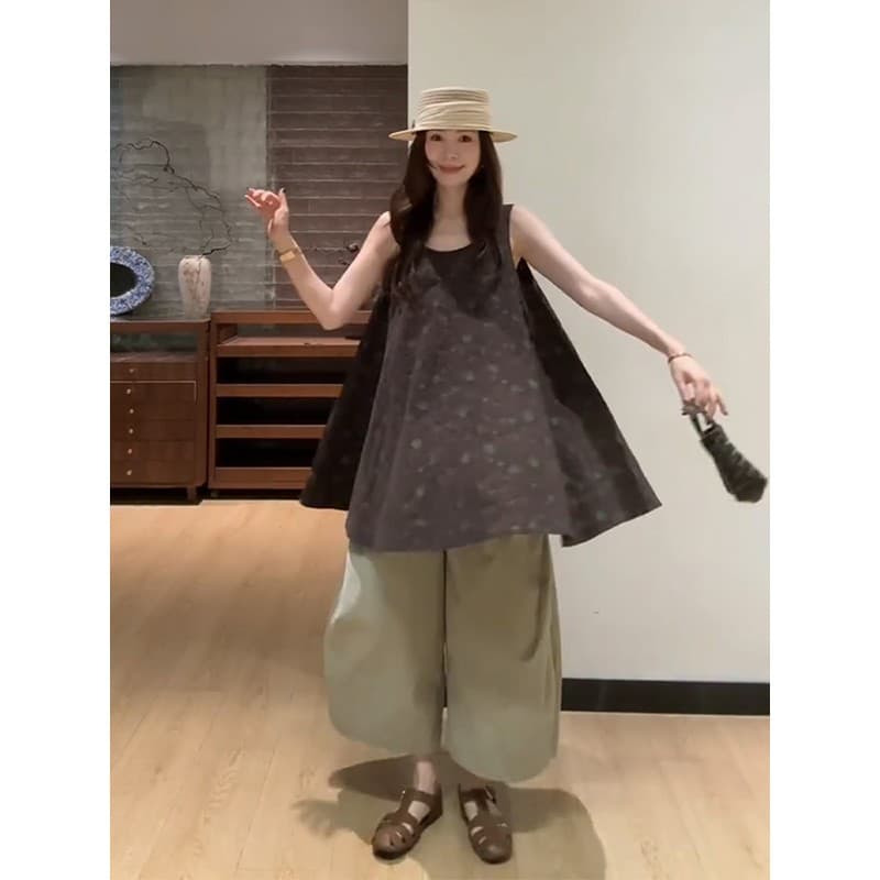 정가 재고 있음 고급 센스 레트로 꽃무늬 캐미솔 맨위 여성 루즈핏 슬림해 보이는 넓은 다리 캐주얼 바지 세트 상세 이미지 3