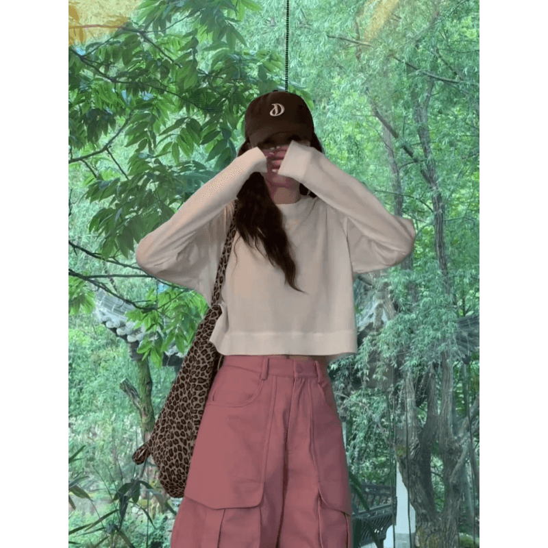 정가 재고 있음 한 부서 느긋한 바람 화이트 쇼트 스타일 라운드 넥 맨위 여성 여름 하이웨이스트 스트레이트 오부 바지 세트 이미지 2