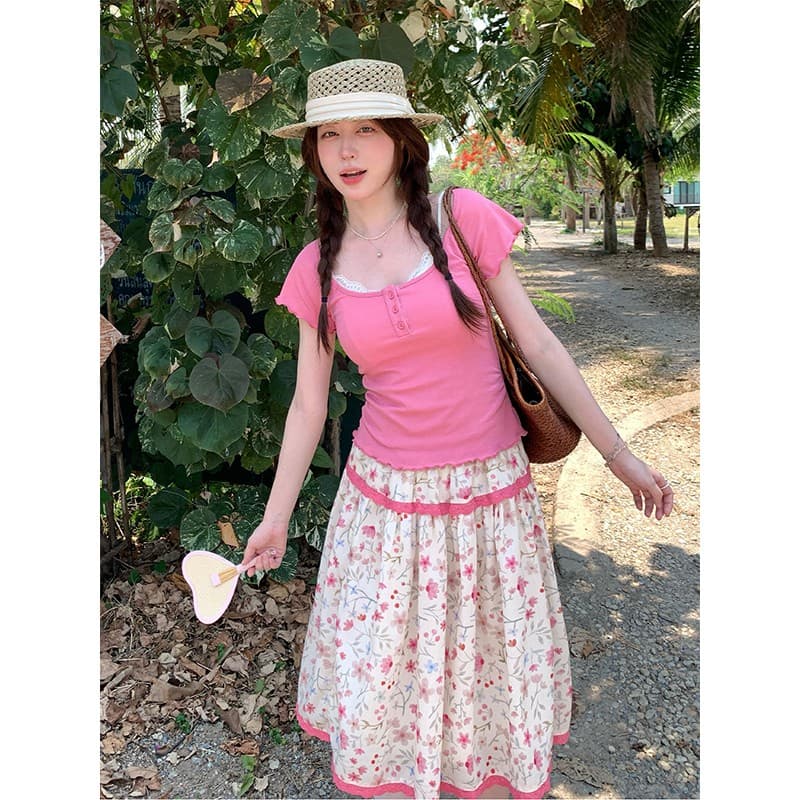 정가 부드러운 달콤한 스타일 프릴 u 칼라 반팔 몸매 가꾸기 맨위 여성 꽃무늬 한 마디 반신 치마 세트 이미지 2