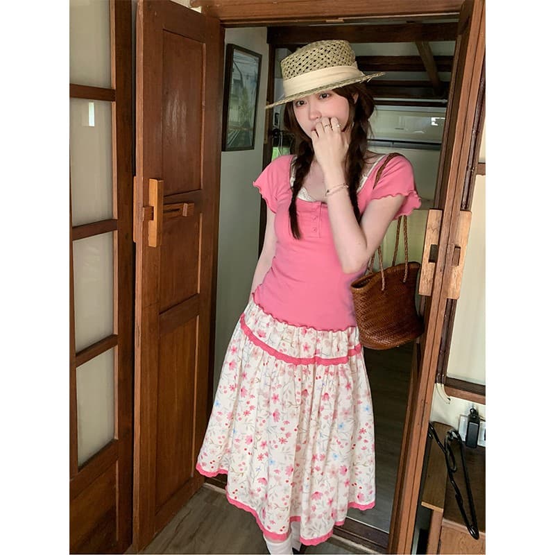 정가 부드러운 달콤한 스타일 프릴 u 칼라 반팔 몸매 가꾸기 맨위 여성 꽃무늬 한 마디 반신 치마 세트 이미지 3