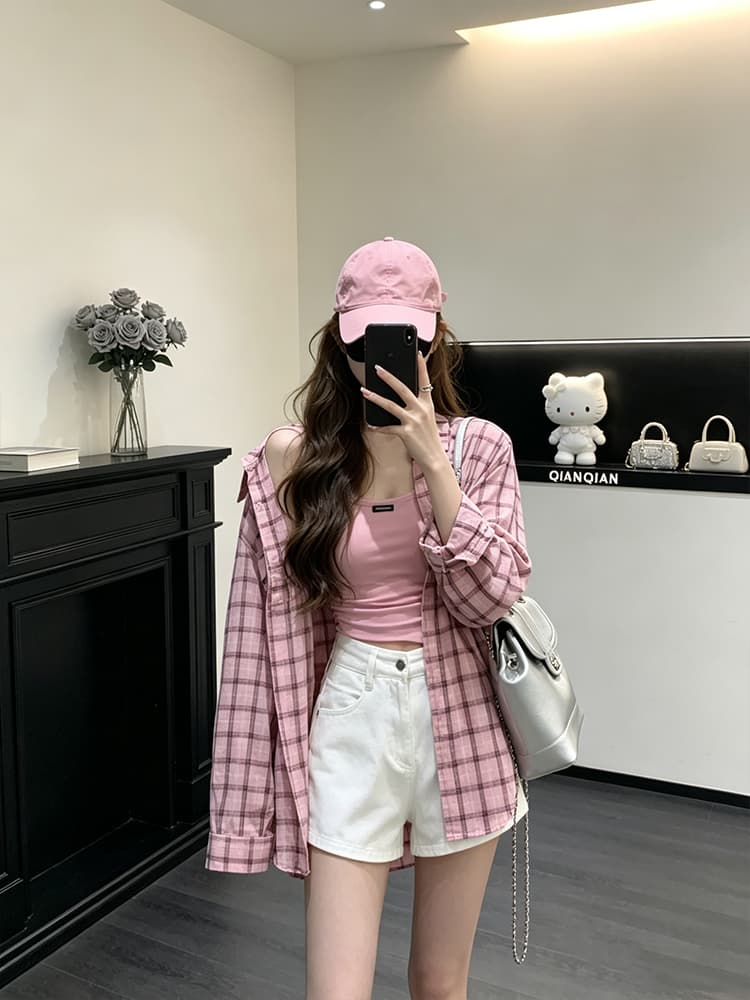 정가 달콤함 느긋한 바람 체크무늬 태양 보호 셔츠 캐미솔 여름 새로운 넓은 다리가 짧다. 바지 3종 세트 상세 이미지 3