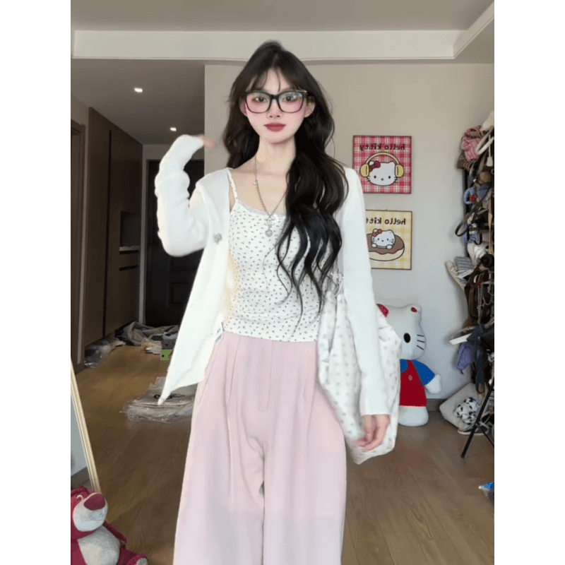 정가 한 부서 달콤한 스타일 니트 자외선 차단 오픈 가디건 레이스 조끼 여성 여름 새로운 하이웨이스트 바닥 청소 캐주얼 바지 이미지 3