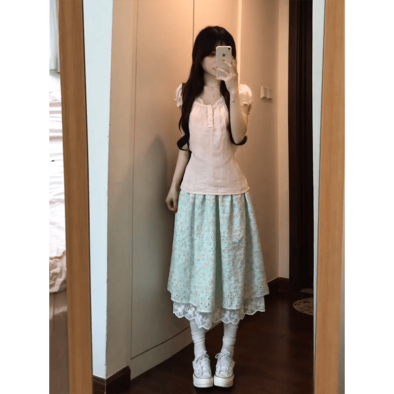 정가 문예 연령 감소 바람 광장 칼라 거품 소매 티셔츠 여성 여름 슬림해 보이는 한 마디 꽃무늬 반신 치마 세트 이미지 2