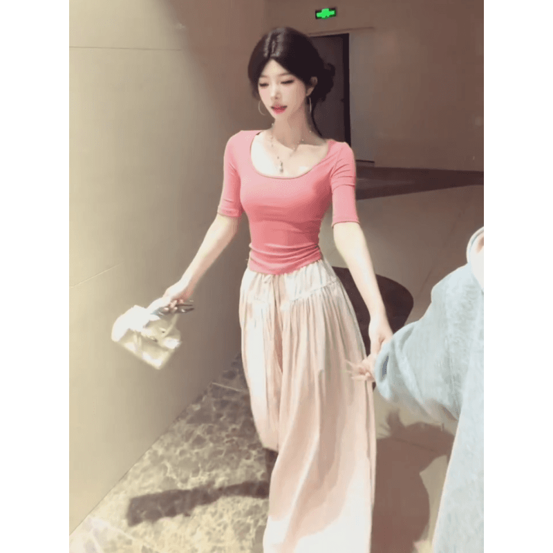 정가 한 부서 달콤한 스타일 핑크색 중간 소매 맨위 여성 여름 새로운 느긋한 바람 다용도 치마바지 세트 이미지 5