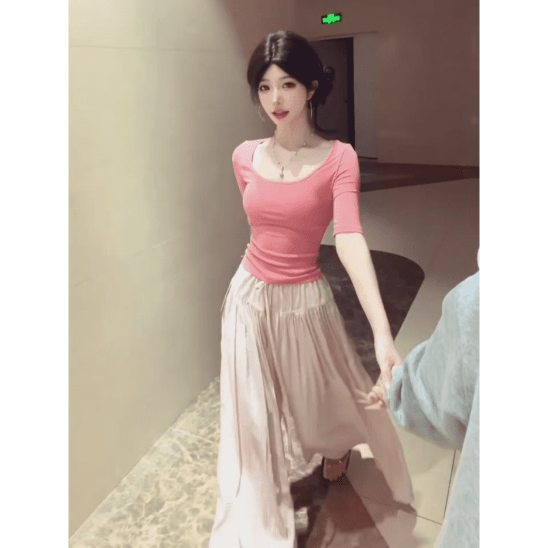 정가 한 부서 달콤한 스타일 핑크색 중간 소매 맨위 여성 여름 새로운 느긋한 바람 다용도 치마바지 세트 상세 이미지 2