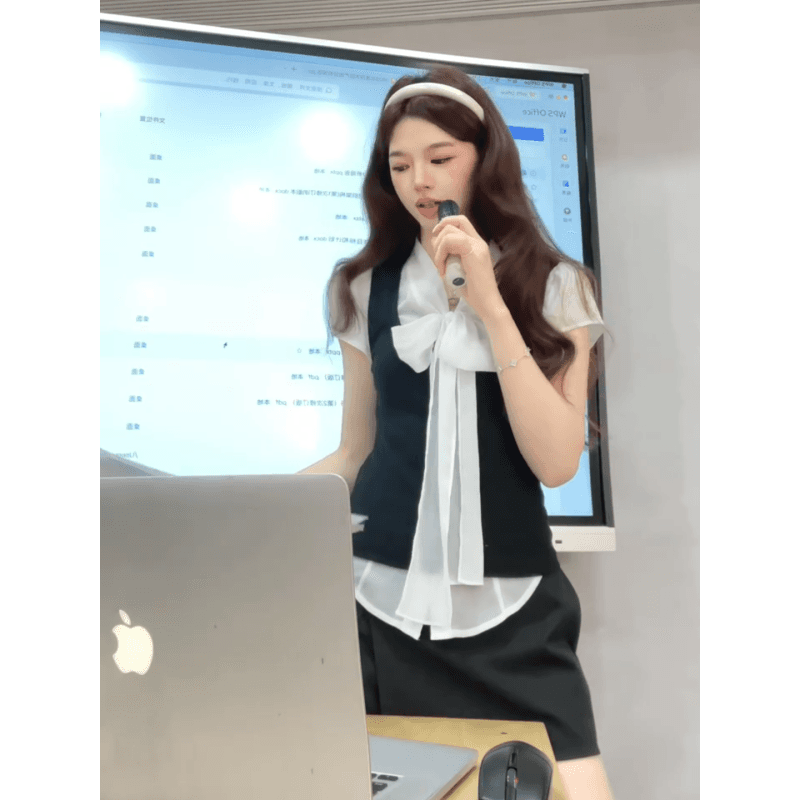 정가 한 부서 학원 스타일 착용 가져 가라. 반팔 셔츠 스택 착용 조끼 여성 하이웨이스트 슬림해 보이는 반신 치마 세트 상세 이미지 3