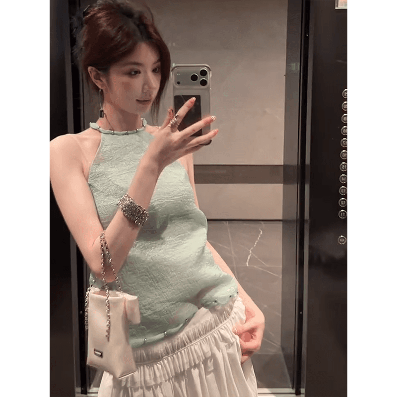 정가 핫걸 캐주얼 얇은 스타일 행침 목 조끼 여성 2026 여름 새로운 루즈핏 발레 바람 반신 스커트 투피스 세트 이미지 3