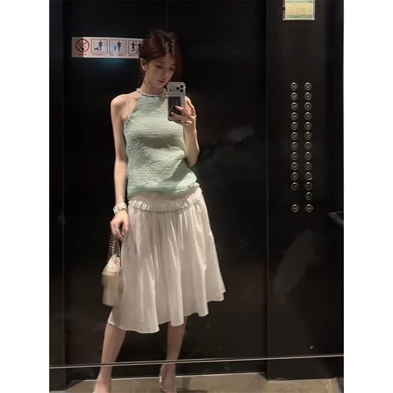 정가 핫걸 캐주얼 얇은 스타일 행침 목 조끼 여성 2026 여름 새로운 루즈핏 발레 바람 반신 스커트 투피스 세트 이미지 4