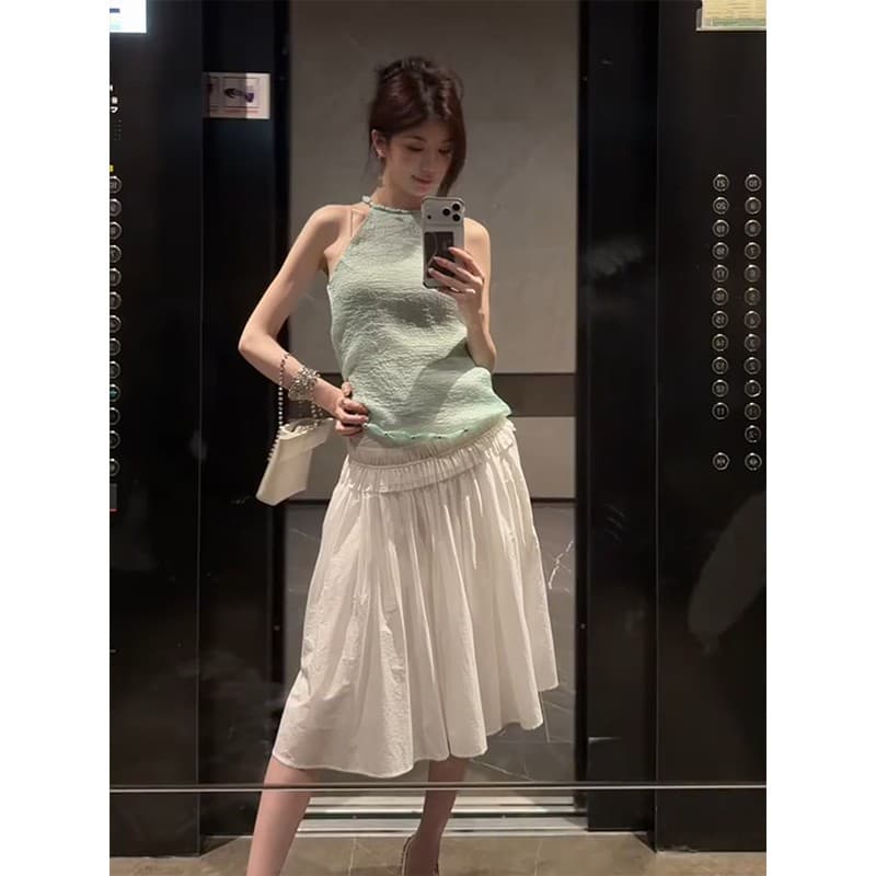 정가 핫걸 캐주얼 얇은 스타일 행침 목 조끼 여성 2026 여름 새로운 루즈핏 발레 바람 반신 스커트 투피스 세트 상세 이미지 4