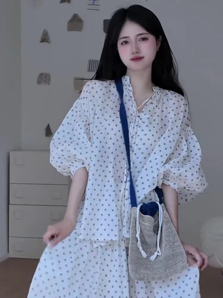 정가 한 부서 느긋한 바람 착용 가져 가라. 도트 무늬 긴팔 셔츠 맨위 여성 루즈핏 슬림해 보이는 반신 치마 세트