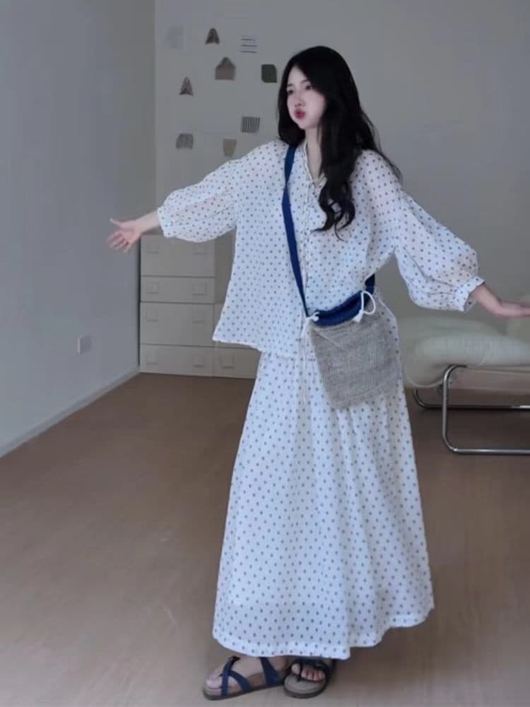 정가 한 부서 느긋한 바람 착용 가져 가라. 도트 무늬 긴팔 셔츠 맨위 여성 루즈핏 슬림해 보이는 반신 치마 세트 상세 이미지 2