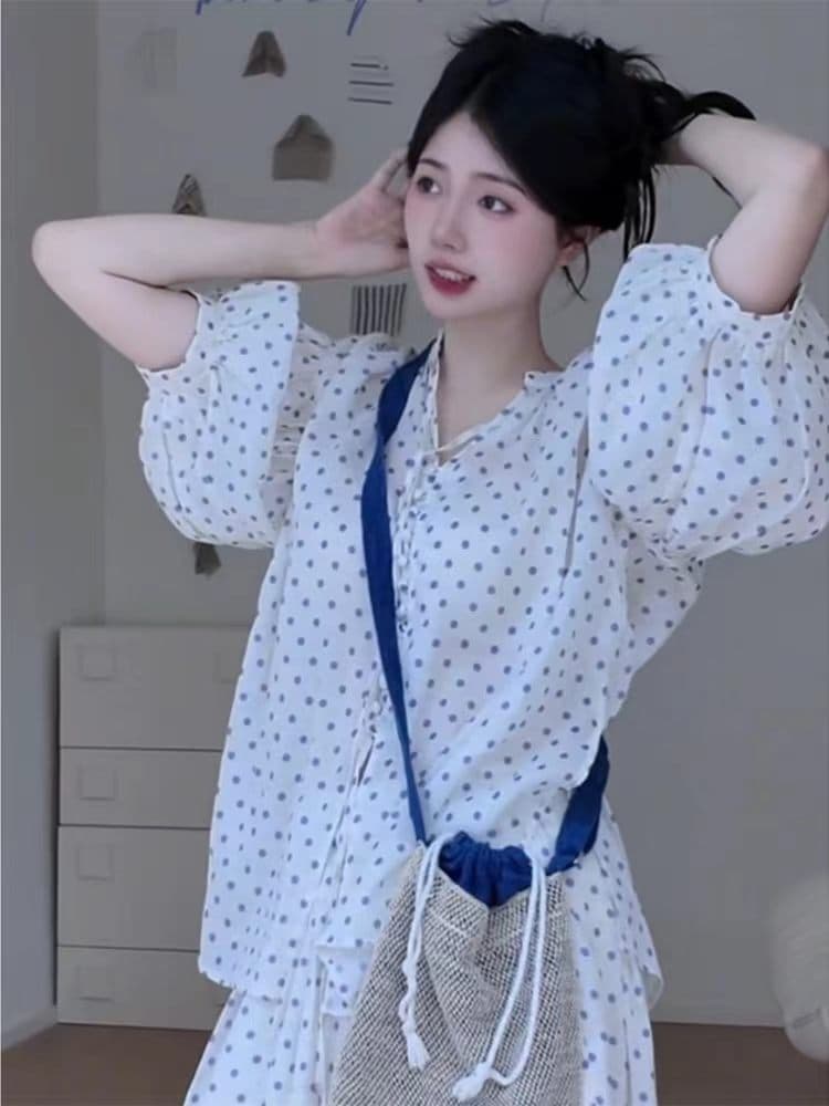 정가 한 부서 느긋한 바람 착용 가져 가라. 도트 무늬 긴팔 셔츠 맨위 여성 루즈핏 슬림해 보이는 반신 치마 세트 상세 이미지 3