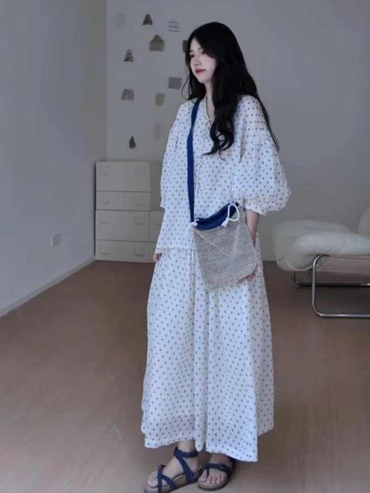 정가 한 부서 느긋한 바람 착용 가져 가라. 도트 무늬 긴팔 셔츠 맨위 여성 루즈핏 슬림해 보이는 반신 치마 세트 상세 이미지 4