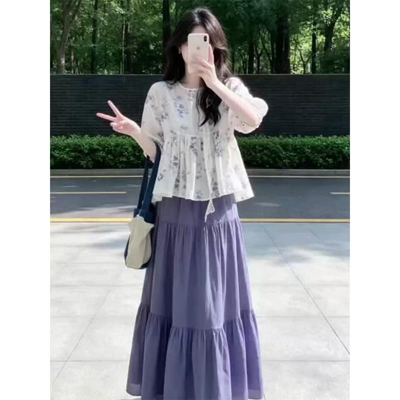 정가 느슨함 느긋한 바람 루즈핏 슬림해 보이는 프린트 셔츠 여름 부드러운 바람 하이웨이스트 반신 치마 세트 이미지 2