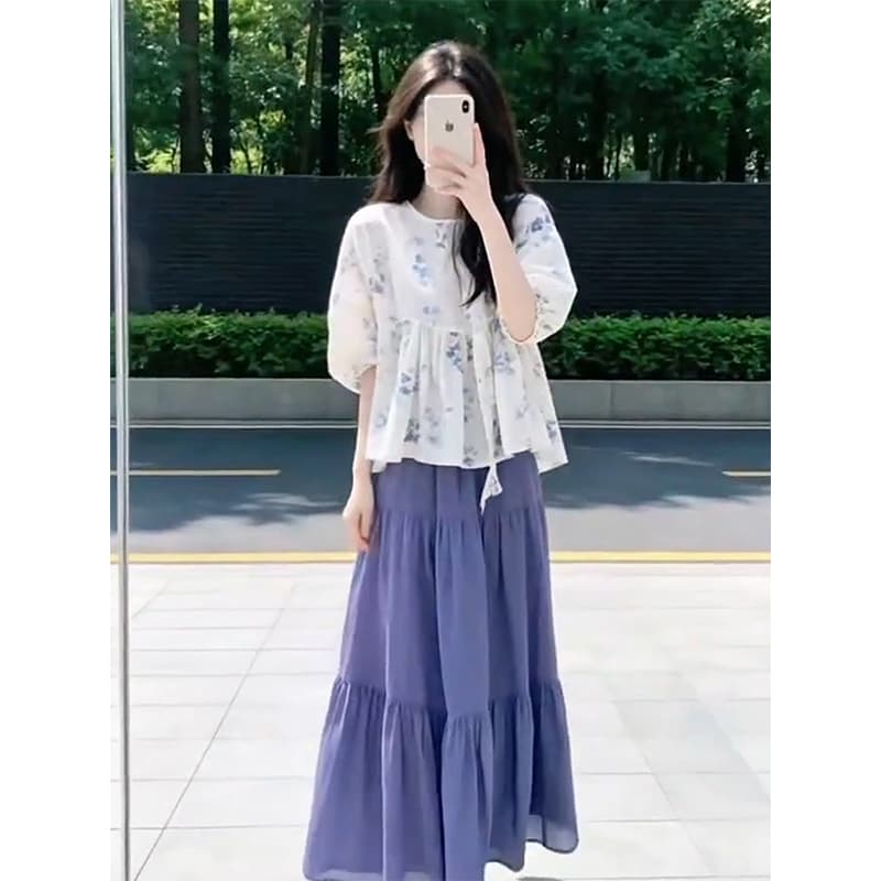 정가 느슨함 느긋한 바람 루즈핏 슬림해 보이는 프린트 셔츠 여름 부드러운 바람 하이웨이스트 반신 치마 세트 이미지 5