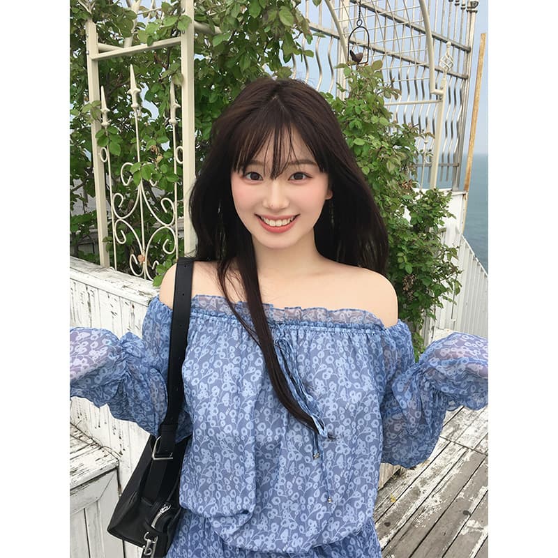 정가 프랑스식 꽃무늬 오프숄더 셔츠 맨위 여성 여름 새로운 한 마디 케이크 반신 치마 세트 상세 이미지 3