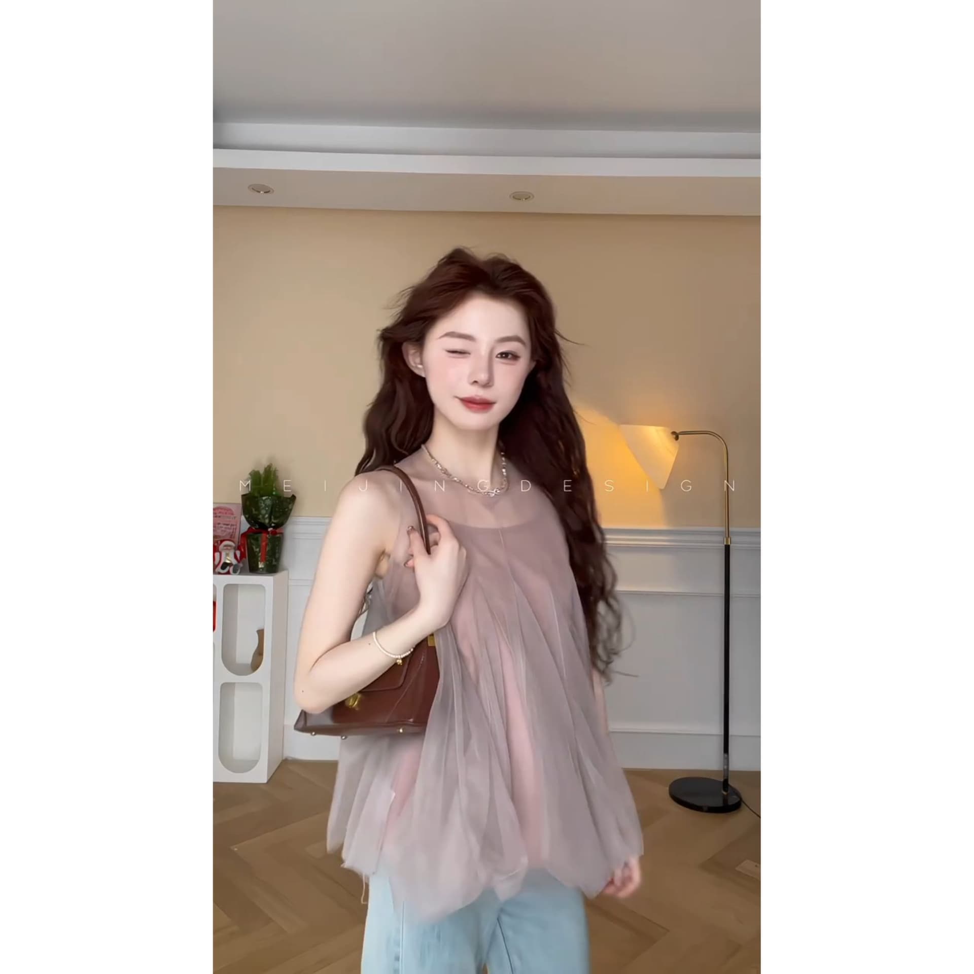 정가 한 부서 부드러운 바람 망사 민소매 조끼 맨위 여성 루즈핏 슬림해 보이는 넓은 다리 청바지 세트 이미지 3